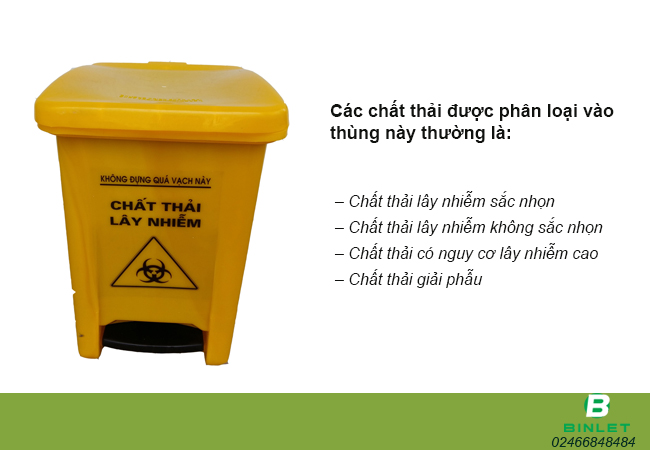 Thùng rác màu vàng chứa chất thải sinh học nguy hiểm có nguy cơ lây nhiễm